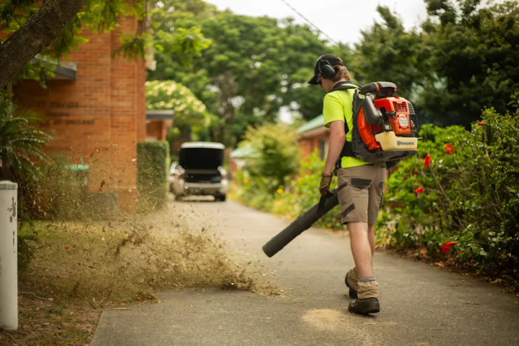 Young Brothers using a leaf blower to clear a driveway